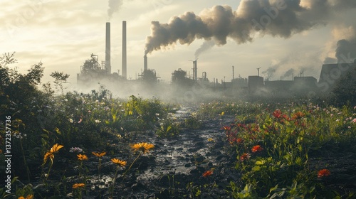 Obraz na płótnie Industrial pollution, vibrant wildflowers, stream, factory smokestacks w salonie