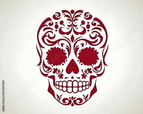 An ornate crimson skull design composed of floral decorative elements