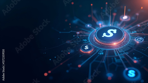 Contemporary Wallpaper Design: Abstract Visuals with Digital Grids & Currency Tokens for Secure Asset Tokenization in Fintech - Ideal for Corporate Text Overlays