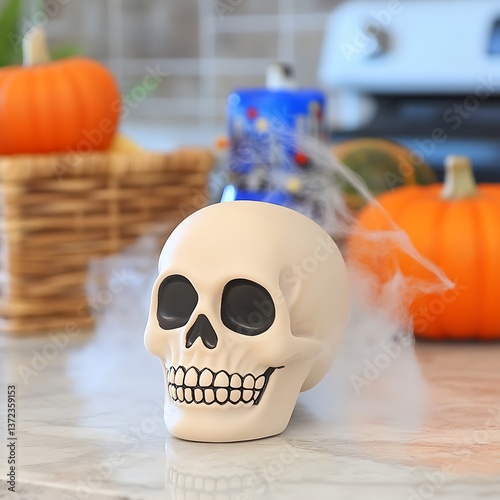 A halloween skull decoration placed amongst decorative pumpkins and cobwebs