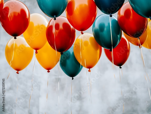 A colorful collection of balloons against a light gray background