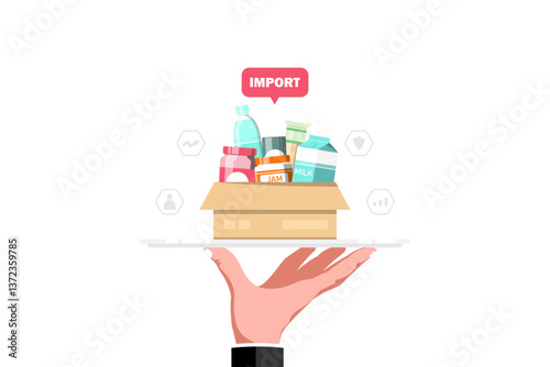 Product presentation, Import of consumer goods on isolated background, Vector illustration.