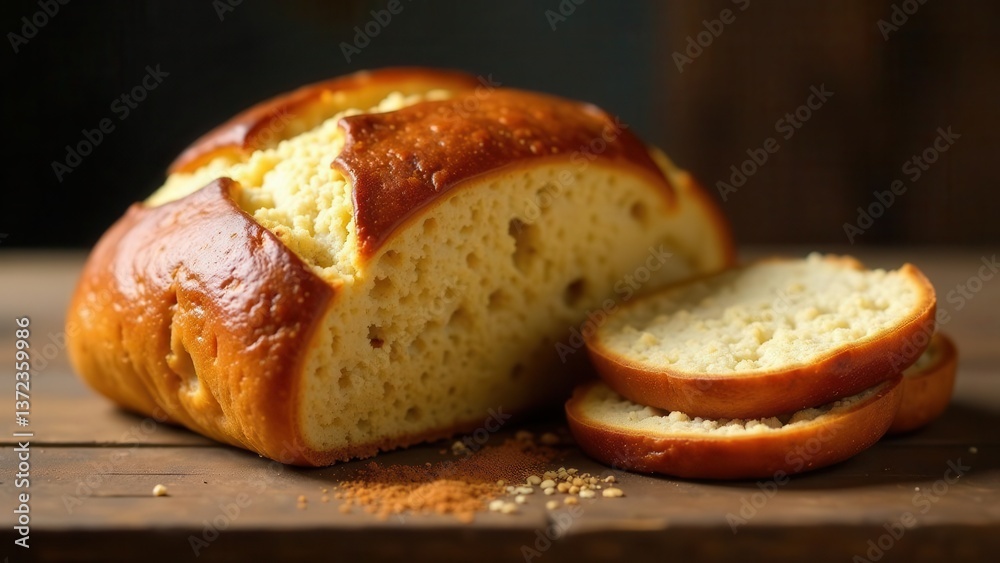 Golden-brown Crusty Loaf Sliced and Ready to Serve on Rustic Wooden Surface
