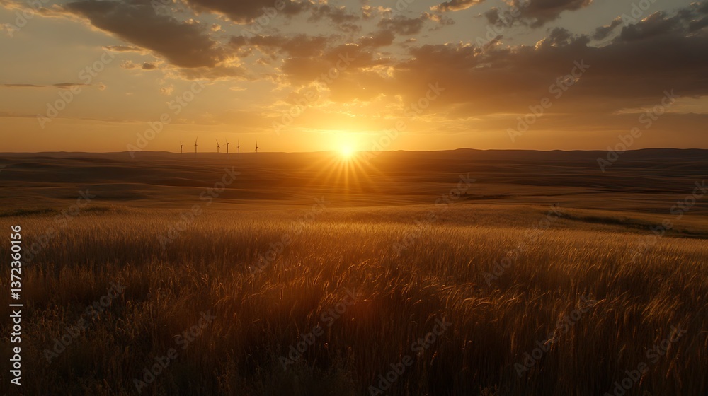 A beautiful sunset shines over a golden field of wheat A beautiful sunset shines over a golden field of wheat