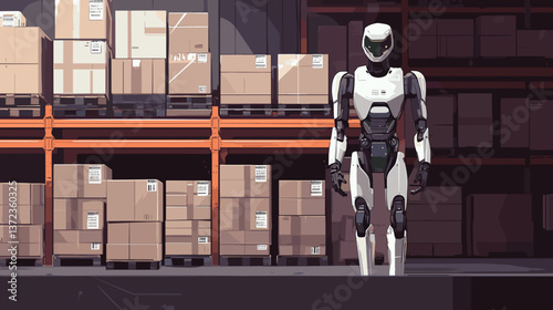 A modern vector illustration of a robotic warehouse assistant moving packages, in a bold, flat design style.