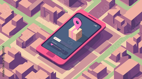 A modern vector illustration of a mobile phone with a delivery tracking app, in a bold, flat design style.