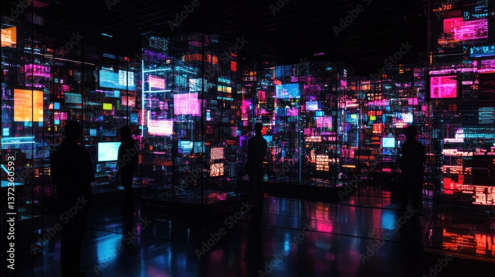 Interactive digital exhibit; people explore futuristic data displays