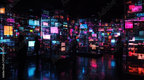 Obraz na płótnie Interactive digital exhibit; people explore futuristic data displays w salonie