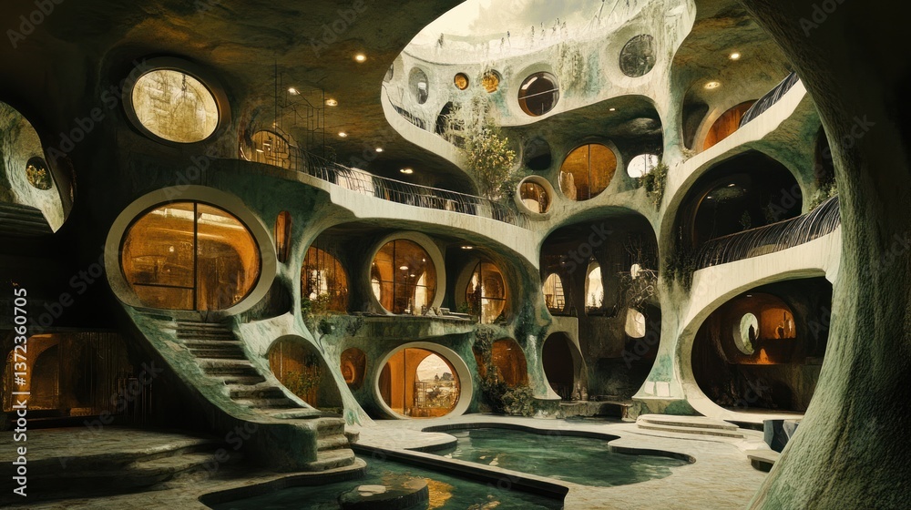 Intricate, biomorphic, interior, sunlit, architectural marvel