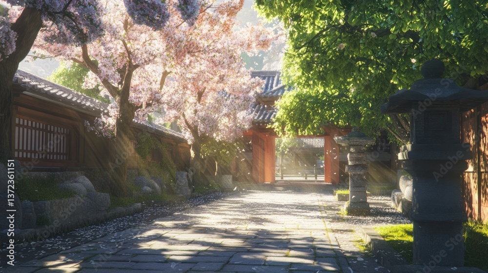 Japanese Garden Path Blooming Cherry Blossoms Sunlight