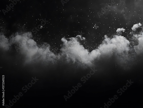 White clouds and particles floating against a dark black background