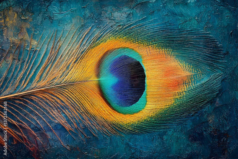 Obraz premium A Vibrant Painted Artwork Showing a Colorful Peacock Feather Close Up
