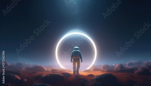 An astronaut stands before a glowing ring on a rocky alien terrain under a starry sky, suggesting interstellar travel or a mysterious portal on another planet