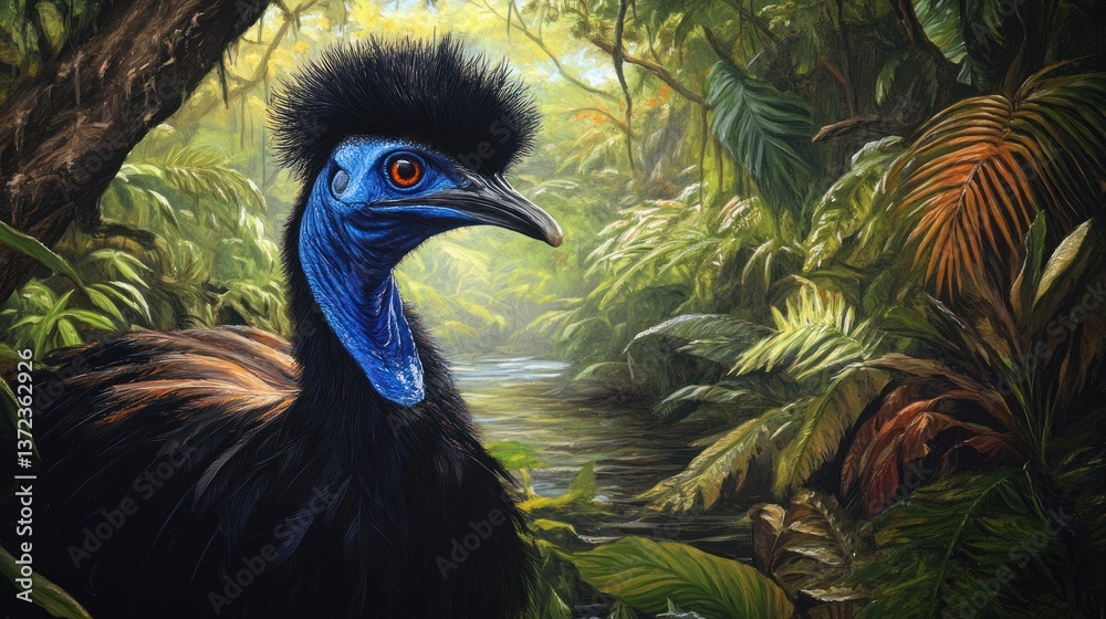 Jungle Cassowary Portrait; Vivid Tropical Bird in Lush Forest