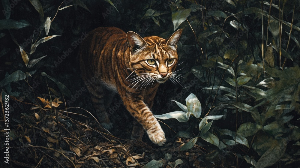 Jungle Cat Walking Through Undergrowth