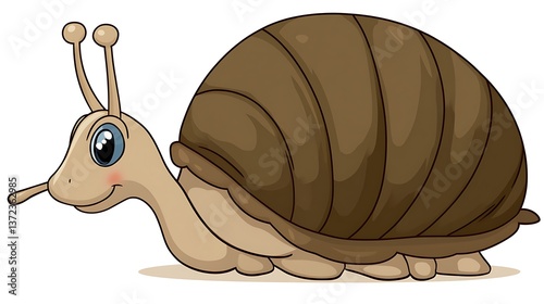A cheerful cartoon snail with a large brown shell