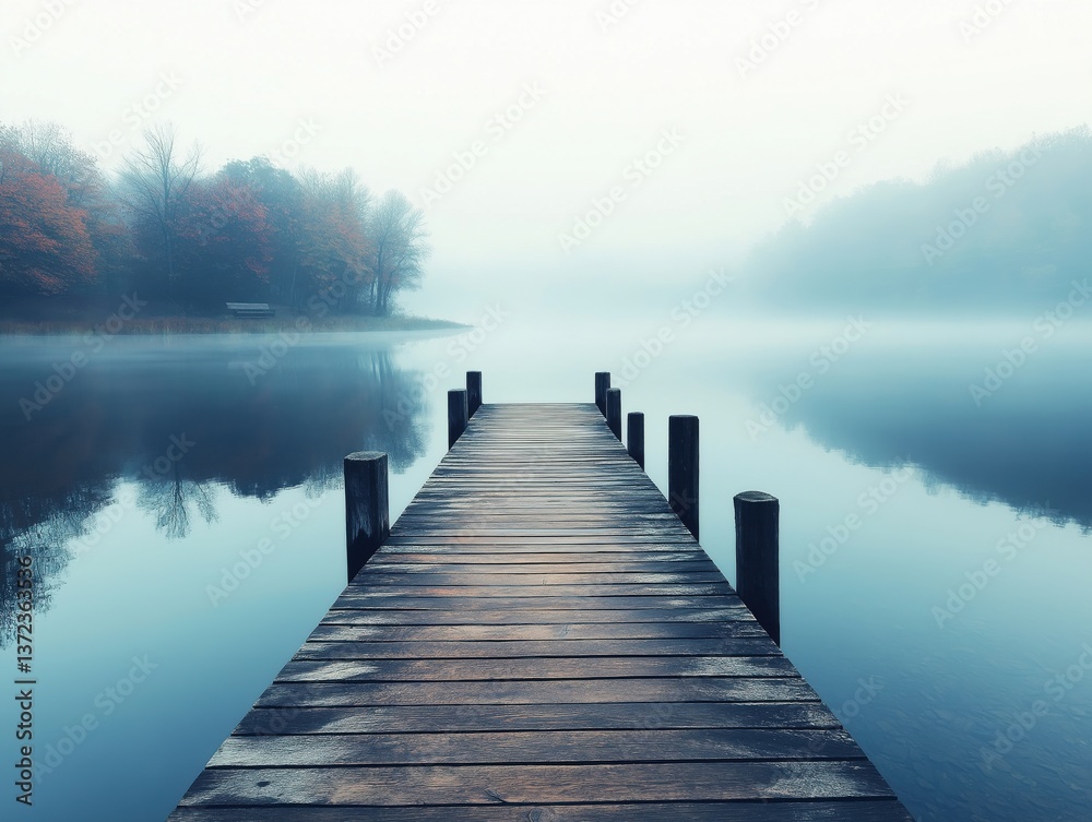 Obraz premium A narrow wooden dock stretches quietly over still lake waters as light fog rolls in at dawn. The silence and space invite peaceful contemplation.