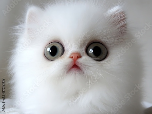A close up portrait of an adorable fluffy white kitten