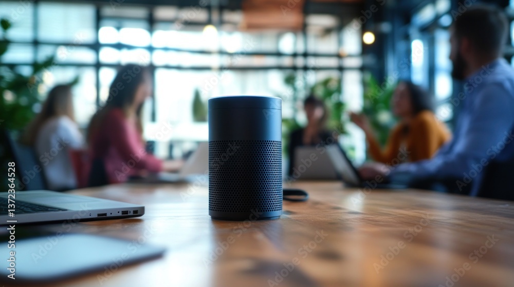 modern office meeting with a focus on smart technology, featuring a smart speaker on a wooden table with business meeting in the blurry background.