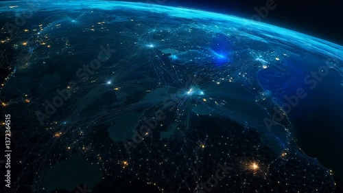 Global network connection and data connections concept. Worldwide links on planet earth at night. Earth in open space and digital web. World communication technology. Blue black background. 4k footage
