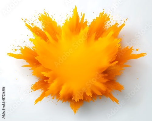 An explosion of yellow powder bursting outwards on white background