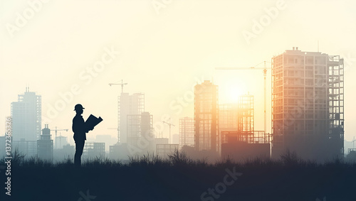 Photo realistic double exposure of a silhouette of a person merged with a site plan, symbolizing construction planning and project management with ample copy space.