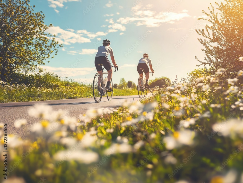 Fototapeta premium Two cyclists enjoy a peaceful ride along a field path, with helmets on and flowers blooming beside them. The tone is recreational and serene.