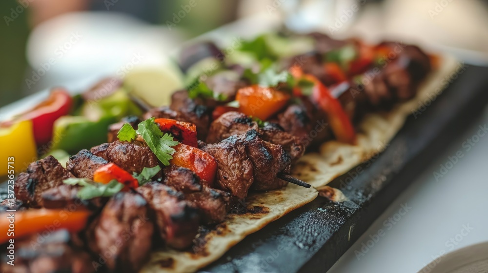 Sizzling steak fajitas with marinated steak, vibrant bell peppers, onions, and warm tortillas served Sizzling steak fajitas with marinated steak, vibrant bell peppers, onions, and warm tortillas served