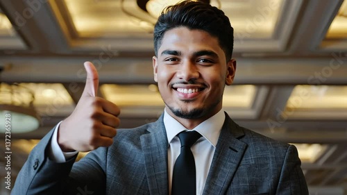 Successful businessman in suit smiles broadly and gives thumb up sign of excellent work.
