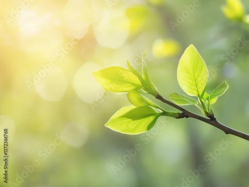Young green leaves stretch toward the sunlight from a newly budding branch. The soft bokeh background enhances the feeling of early spring awakening.