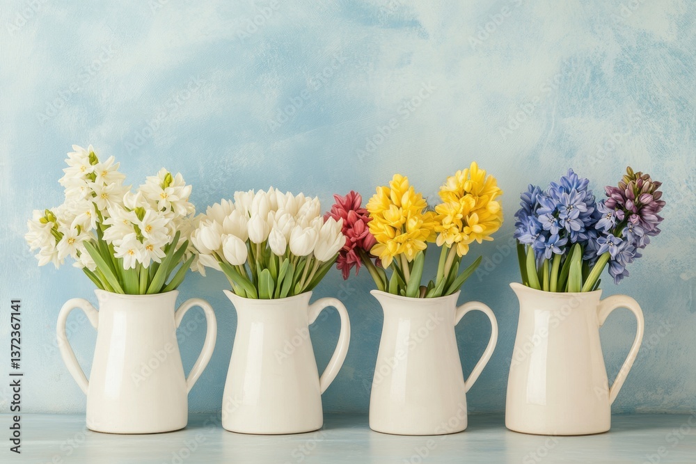 custom made wallpaper toronto digitalColorful spring flowers in white vases on a pastel background, including hyacinths and tulips. A bouquet of colorful spring flowers, including hyacinths and tulips, in ceramic jugs on a tabletop