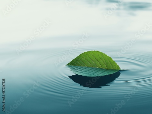 A single leaf floats on the still water of the lake, its reflection undisturbed by wind or motion. The environment is quiet and meditative.