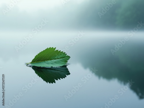 A single leaf floats on the still water of the lake, its reflection undisturbed by wind or motion. The environment is quiet and meditative.