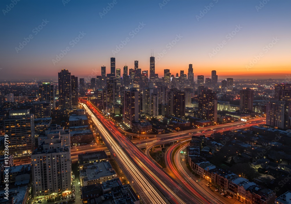 Aerial View of City Skyline at Dusk Aerial View of City Skyline at Dusk