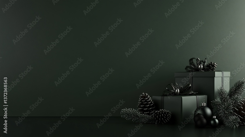Obraz premium Dark Christmas presents, minimalist still life, holiday background, 3D rendered