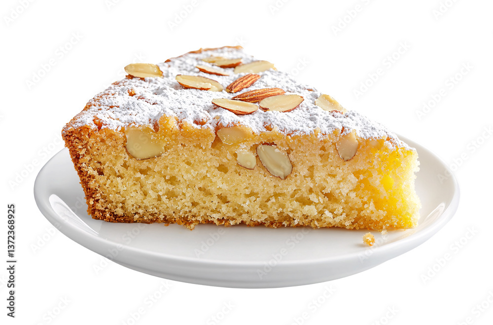 Almond cake slice with powdered sugar topping isolated on transparent background Almond cake slice with powdered sugar topping isolated on transparent background