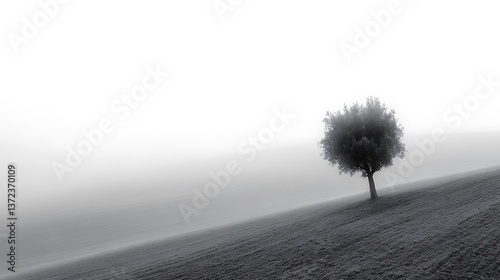 A solitary tree stands alone on a foggy monochrome landscape