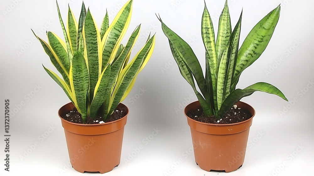 Obraz premium Two potted snake plants with green and yellow colored leaves