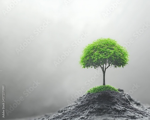 A solitary green tree stands on a small mound of earth