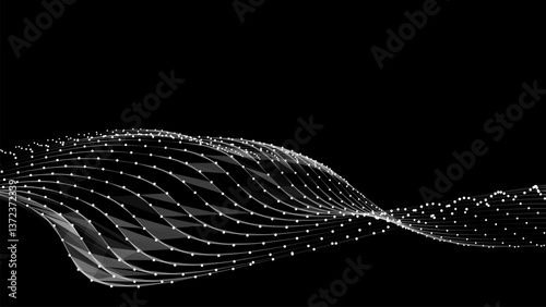 Wave of flowing particles on a dark background. Abstract backdrop with dynamic elements of waves and dots. Vector