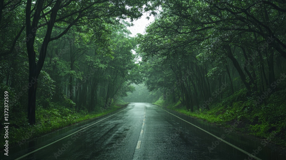 Obraz premium A straight asphalt road winds through a dense forest.