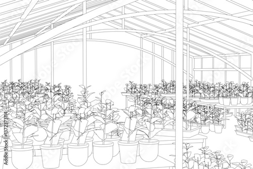 A greenhouse filled with a variety of plants, including numerous potted plants and flowers. The greenhouse is a large, open space with a wooden roof, providing ample sunlight for the plants to thrive