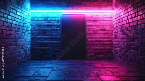 A vibrant neon-lit alley showcasing a brick wall and nightclub entrance.