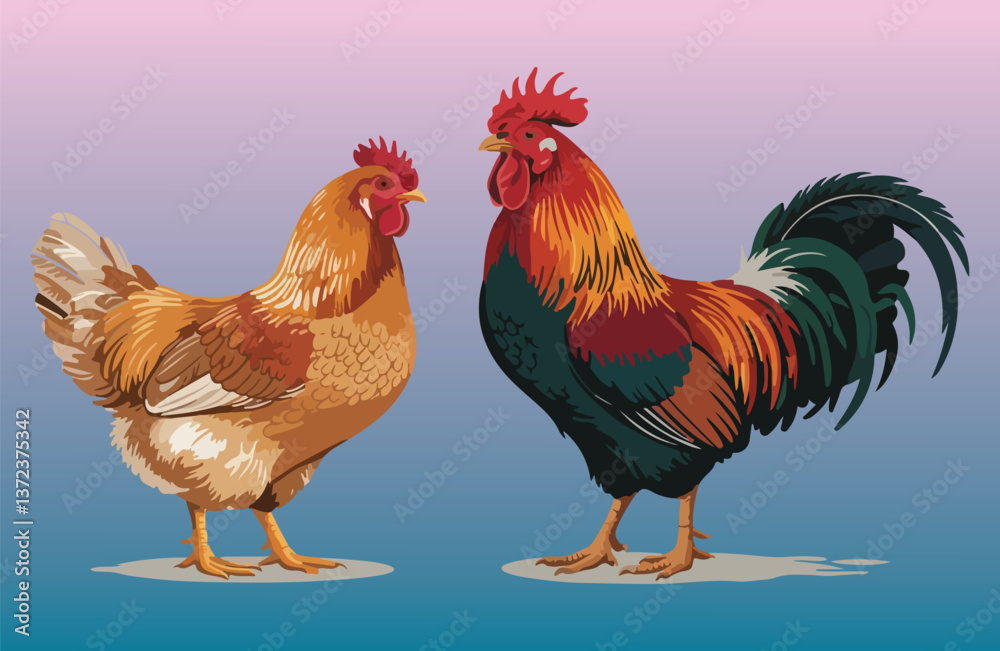 Fototapeta premium Rooster and Hen Picture. Vector Illustration or Icon