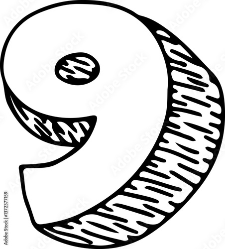 3D number nine with shadow in the form of strokes hand drawn with black lines in grunge style