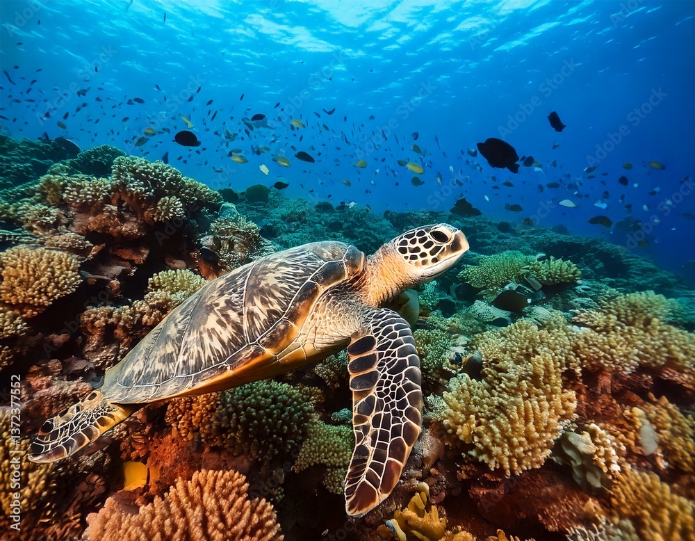 Obraz premium A sea turtle glides slowly over a colorful coral reef, surrounded by schools of tropical fish and colorful marine plants.