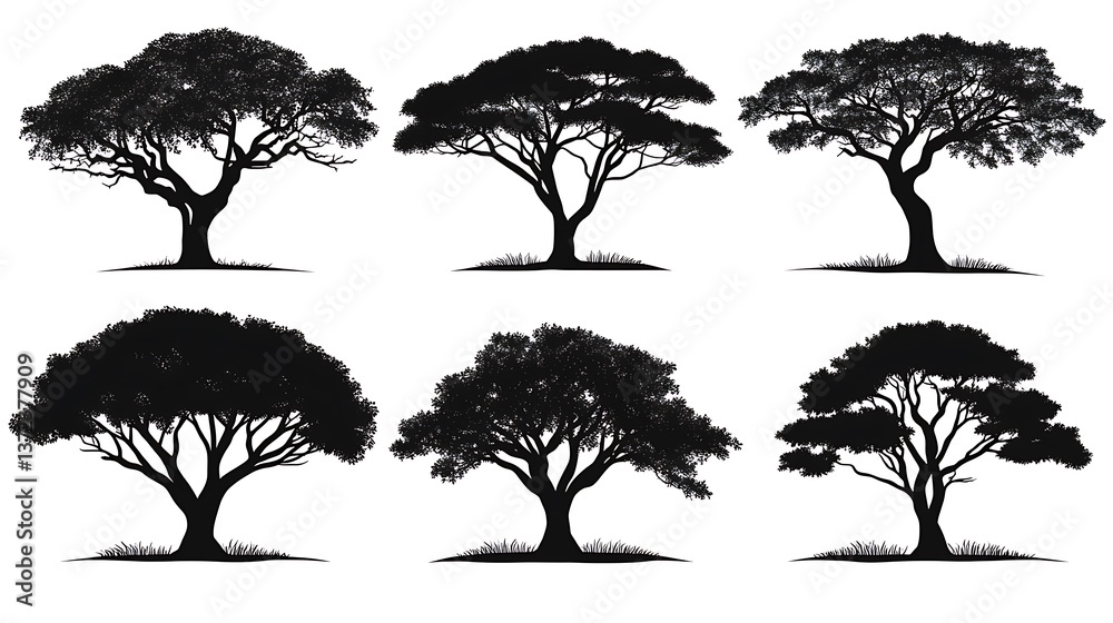 Fototapeta premium Silhouetted trees with lush crowns and detailed branching are presented
