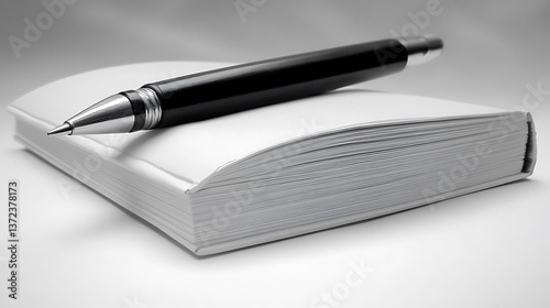 A black pen resting on top of a thick stack of white paper