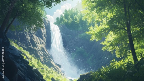 Lush Waterfall Cascading Through Forest, Sunlight Piercing Canopy