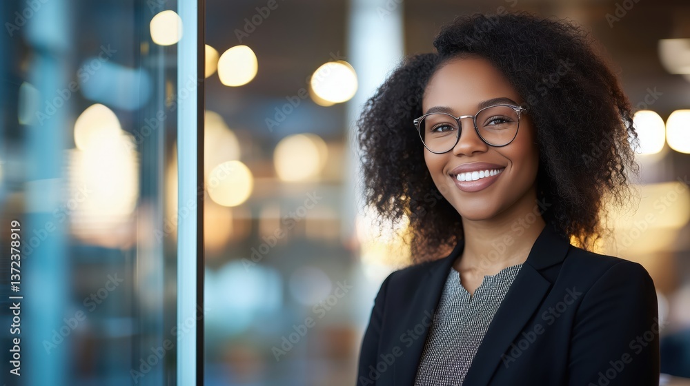 Obraz premium Confident Black Female Entrepreneur in Modern Office Setting